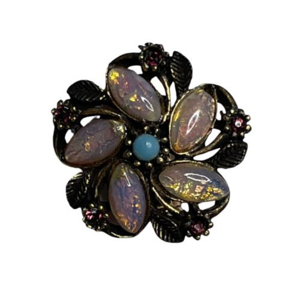 Antique Gold Tone Opal and Turquoise Flower Center Brooch Marquis Stones 1”